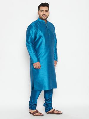 Men'S Turquoise Silk Blend Kurta Pyjama Set 3