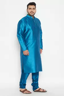 Men'S Turquoise Silk Blend Kurta Pyjama Set