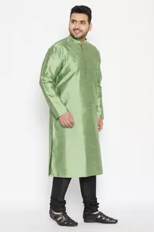 Men'S Mint Green And Black Silk Blend Kurta Pyjama Set