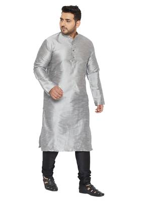 Grey And Black Silk Blend Kurta Pyjama Set 1