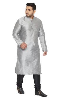 Men'S Grey And Black Silk Blend Kurta Pyjama Set