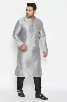 Grey And Black Silk Blend Kurta Pyjama Set