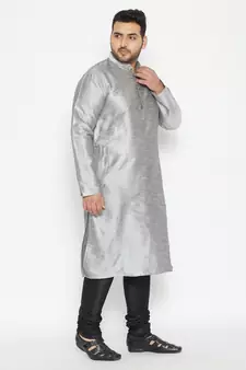 Grey And Black Silk Blend Kurta Pyjama Set