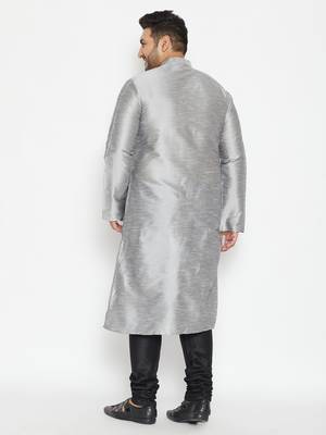 Grey And Black Silk Blend Kurta Pyjama Set 4