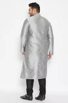 Grey And Black Silk Blend Kurta Pyjama Set
