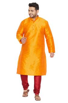 Men'S Orange And Maroon Silk Blend Kurta Pyjama Set