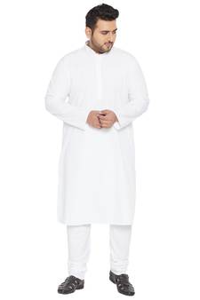 Men'S White Cotton Blend Kurta Pyjama Set