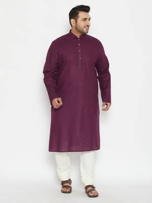 Purple And Cream Cotton Blend Kurta Pyjama Set 2