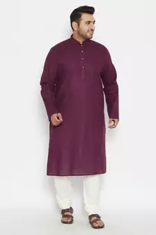 Purple And Cream Cotton Blend Kurta Pyjama Set