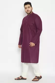 Purple And Cream Cotton Blend Kurta Pyjama Set