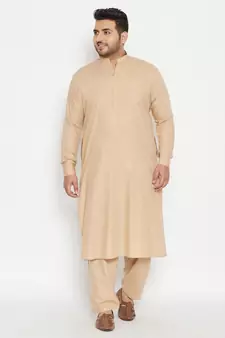 Men'S Light Brown Cotton Blend Pathani Kurta Set