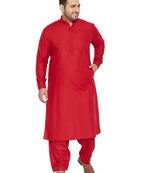 Maroon Plain Blended Cotton Pathani-Suits