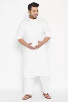 Men'S White Cotton Blend Pathani Kurta Set