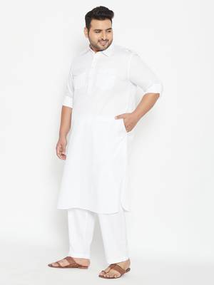Men'S White Cotton Blend Pathani Kurta Set 3