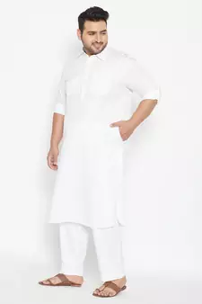 Men'S White Cotton Blend Pathani Kurta Set