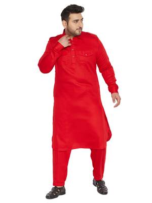 Men'S Red Cotton Blend Pathani Kurta Set 1