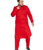 Men'S Red Cotton Blend Pathani Kurta Set