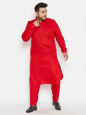 Men'S Red Cotton Blend Pathani Kurta Set 2