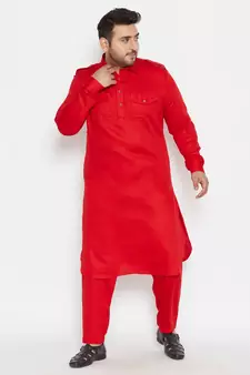 Men'S Red Cotton Blend Pathani Kurta Set
