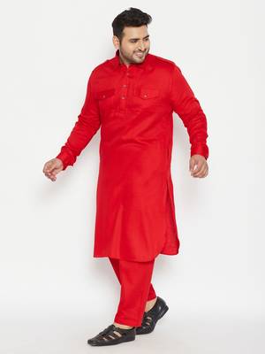 Men'S Red Cotton Blend Pathani Kurta Set 3