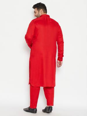 Men'S Red Cotton Blend Pathani Kurta Set 4