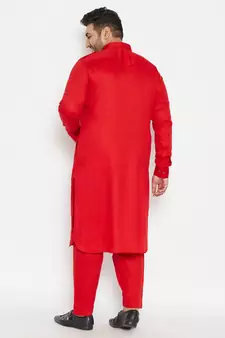 Men'S Red Cotton Blend Pathani Kurta Set