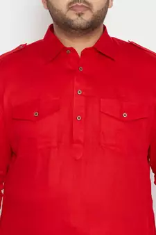 Men'S Red Cotton Blend Pathani Kurta Set