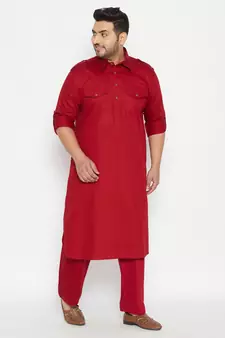 Maroon Cotton Blend Pathani Kurta Set