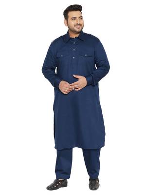 Men'S Blue Cotton Blend Pathani Kurta Set 1