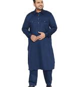 Men'S Blue Cotton Blend Pathani Kurta Set