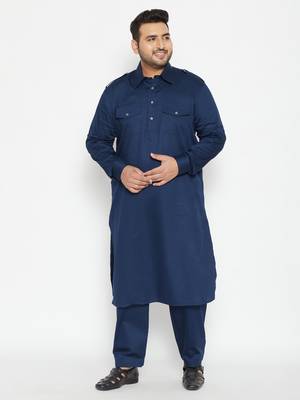 Men'S Blue Cotton Blend Pathani Kurta Set 2