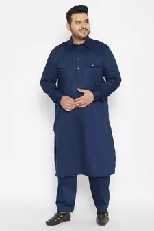 Men'S Blue Cotton Blend Pathani Kurta Set