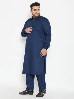 Men'S Blue Cotton Blend Pathani Kurta Set 3