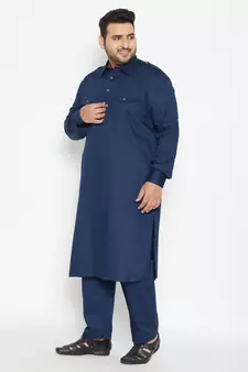Men'S Blue Cotton Blend Pathani Kurta Set