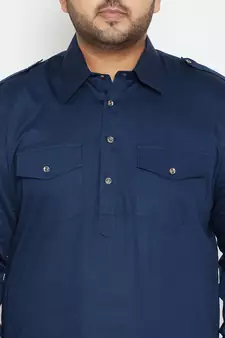 Men'S Blue Cotton Blend Pathani Kurta Set