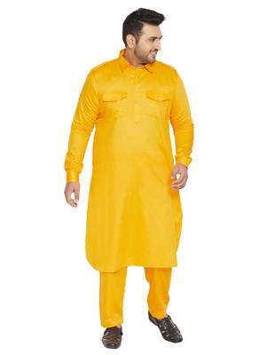 Men'S Yellow Cotton Blend Pathani Kurta Set 1