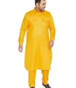 Men'S Yellow Cotton Blend Pathani Kurta Set