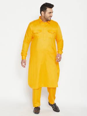 Men'S Yellow Cotton Blend Pathani Kurta Set 2