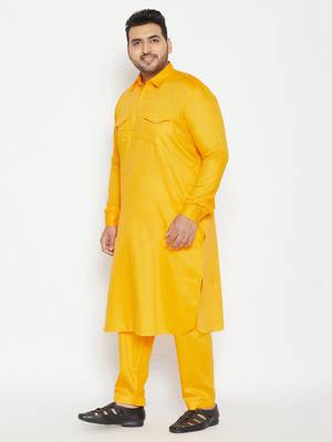 Men'S Yellow Cotton Blend Pathani Kurta Set 3
