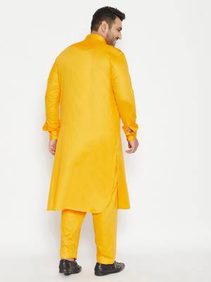 Men'S Yellow Cotton Blend Pathani Kurta Set 4