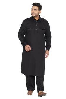 Men'S Black Cotton Blend Pathani Kurta Set