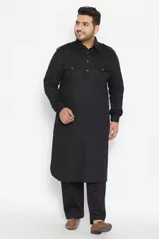 Black Cotton Blend Pathani Kurta Set