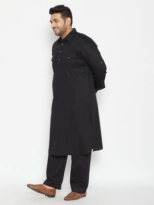 Black Cotton Blend Pathani Kurta Set 3