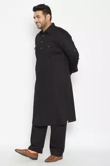 Black Cotton Blend Pathani Kurta Set