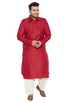 Men'S Maroon And Cream Cotton Blend Pathani Kurta Set