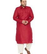 Men'S Maroon And Cream Cotton Blend Pathani Kurta Set