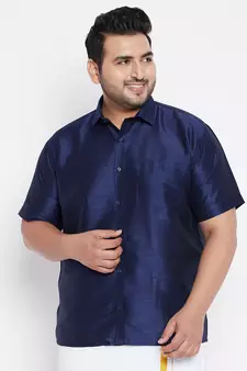 Navy Blue Silk Blend Ethnic Shirt