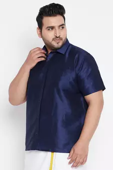 Navy Blue Silk Blend Ethnic Shirt