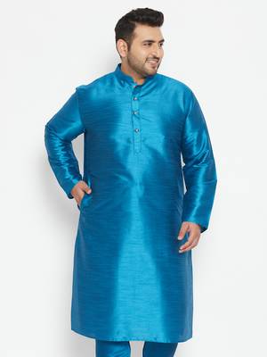Men'S Turquoise Silk Blend Kurta 2