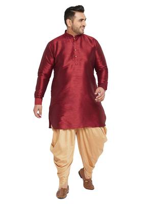 Men'S Maroon And Rose Gold Silk Blend Kurta And Dhoti Set 1